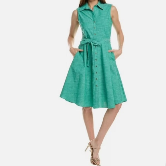 Button Front Tie Waist Shirtdress Sleeveless Green 14 Classic Office Minimalist - Picture 1 of 6